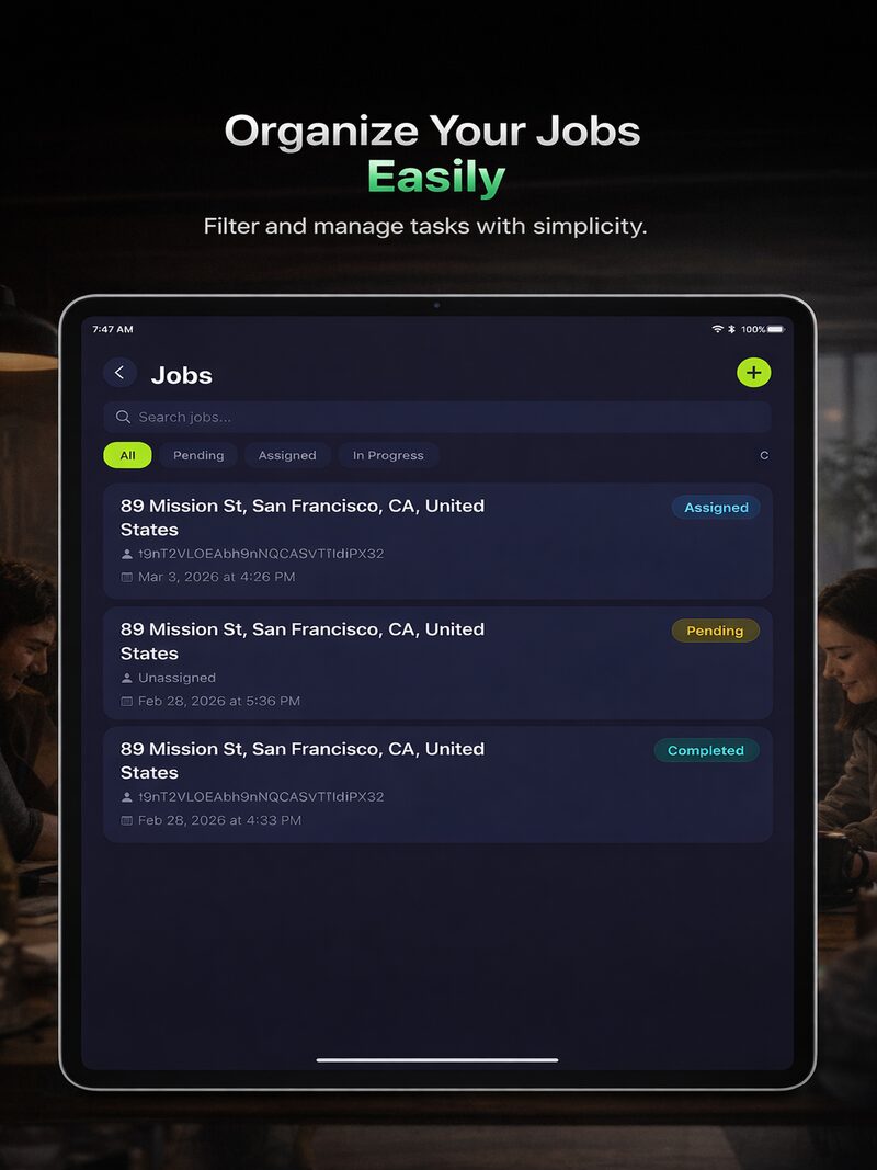 PestPro jobs list on iPad with assigned, pending and completed termite jobs filtered by status