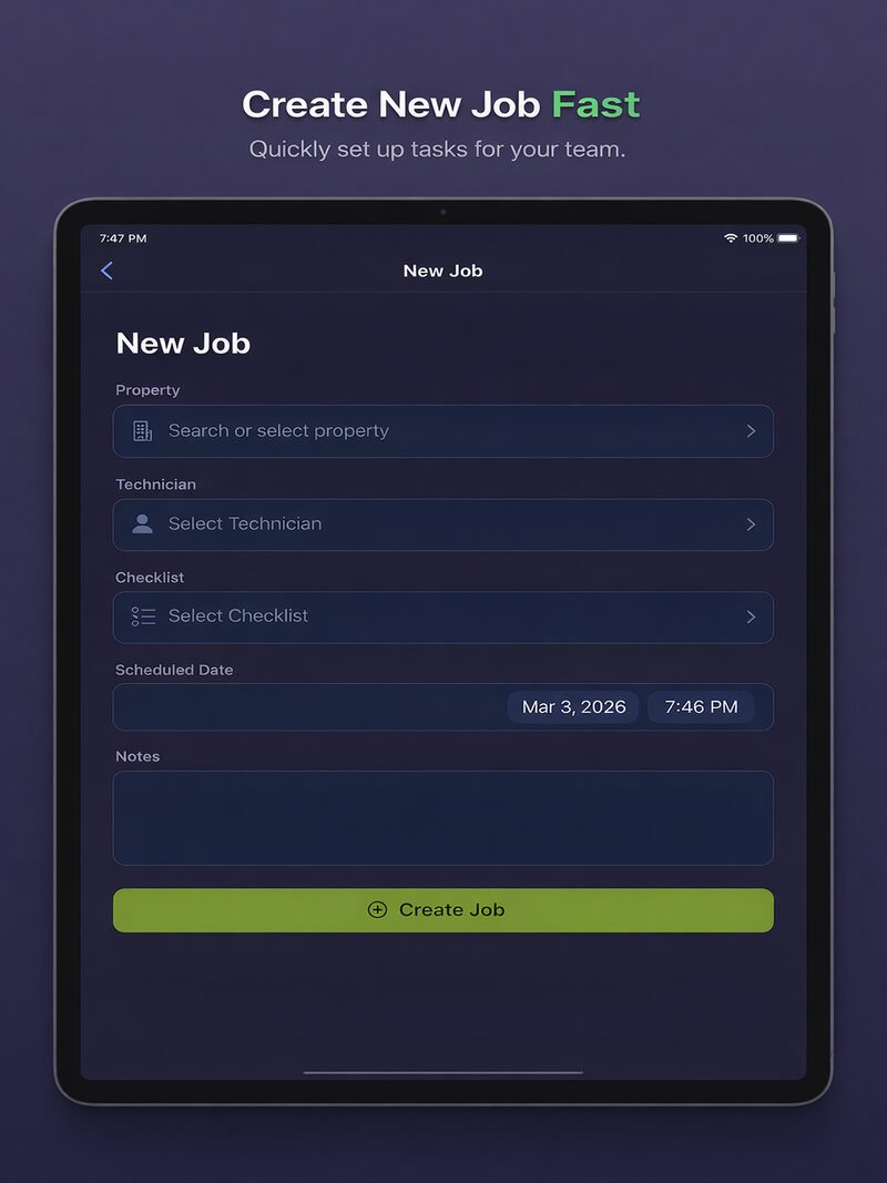 PestPro new job form on iPad with property, technician, checklist and scheduled date fields
